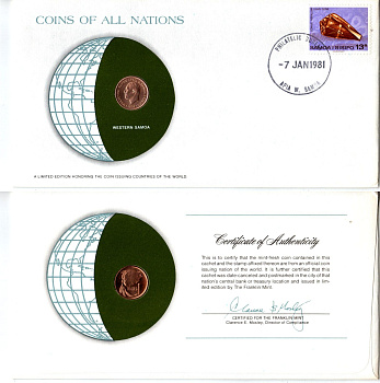 Самоа 1 сене 1974 конверт с маркой первого дня гашения, Coins of Nations KM 12 бронза UNC 4294-16-2