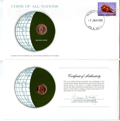 Самоа 1 сене 1974 конверт с маркой первого дня гашения, Coins of Nations KM 12 бронза UNC 4294-16-2