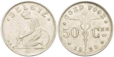 БЕЛЬГИЯ 50 САНТИМОВ 1928 BELGIE KM 88 никель 261-1163