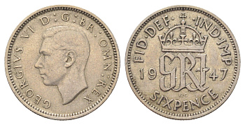 Великобритания 6 пенсов 1947 Георг VI (1936-1952) KM 862, Spink 4105 медно-никель 4708-726
