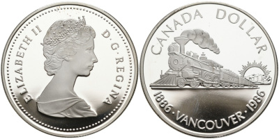 Канада 1 доллар 1986 100 лет Ванкуверу, паровоз KM 149 серебро PROOF 1095-4-51