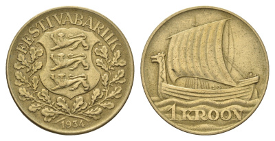 Эстония 1 крона 1934 год-тип KM 16 алюминиевая бронза 4364-2657