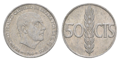 Испания 50 сентимо 1966 (67) Франсиско Франко KM 795 алюминий 4611-432