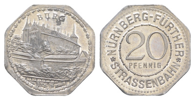 Нюрнберг трамвайный (транспортный) жетон в 20 пфеннигов ND (1920-1921) башня Men05 19256.6, Men18 24102.6 алюминий UNC 4638-241