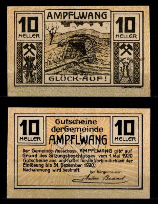 Австрия, Ампфльванг 10 геллеров 1920 Jaksc/Pick# JPR0036a-10 бумага UNC (пресс) 2193-32-2-2