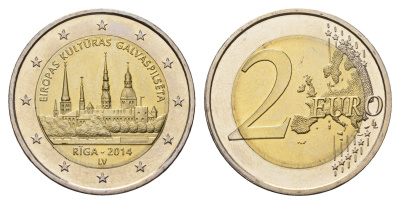 Латвия 2 евро 2014 Рига - культурная столица Европы 2014 KM 158 биметалл UNC 4695-225