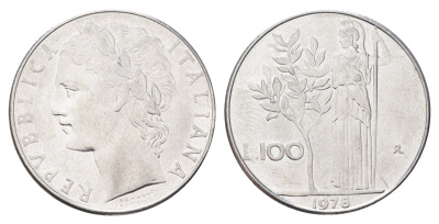 Италия 100 лир 1978 R, Афина в доспехах KM 96.1 нержавеющая сталь 4704-751