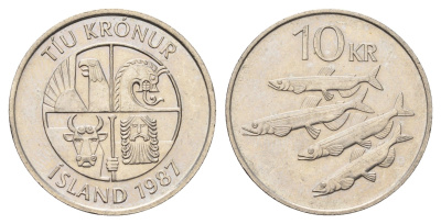 Исландия 10 крон 1987 рыбы KM 29.1 медно-никель 4691-235