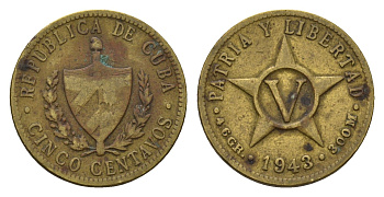 Куба 5 сентаво 1943 год-тип KM 11.3a латунь 4689-1248