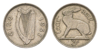 Ирландия 3 пенса 1953 заяц KM 12a медно-никель 4696-442