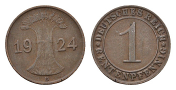 Германия 1 рентенпфенниг 1924 D KM 30, J. 306 бронза 4696-563