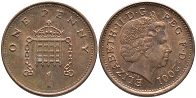 Великобритания 1 пенни 2001 Елизавета II (1952-2022) KM 986, Spink 4710 (B5) сталь плакированная медью 65-917