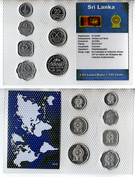Шри-Ланка набор из 7 монет (1, 2, 5, 10, 25 и 50 центов; 1 рупия) 1978, 1991, 1988, 1994, 2002 и 2004 в красочной упаковке с информацией о стране KM 135.2a, 136a, 137, 138, 139a, 140a и 141a UNC 3-4-1-44-2