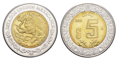 Мексика 5 песо 1998 Mo KM 605 биметалл UNC 4637-651