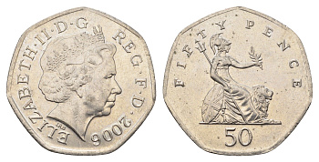 Великобритания 50 пенсов 2006 Елизавета II (1952-2022) KM 991, Spink 4610 (H8) медно-никель aUNC 4695-724