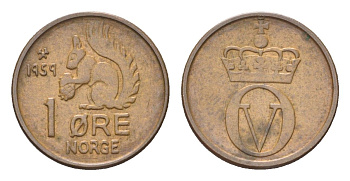 Норвегия 1 эре 1959 Улаф V (1957-1991) KM 403 бронза 4705-833