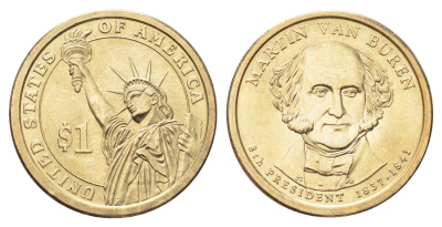 США 1 доллар 2008 D, Президент США - Мартин Ван Бюрен (1837-1841) KM 429 медь с марганцево-латунным покрытием UNC 4703-1222