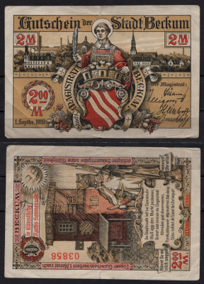 Германия 2 марки 1920 город Беккум, нотгельд DeNG 2  68.2-1/2 бумага 8602-44-3-1