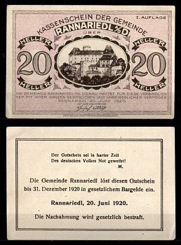 Австрия, Раннаридль 20 геллеров 1920 Jaksc/Pick JPR0818a-20 бумага 2193-14-1-1