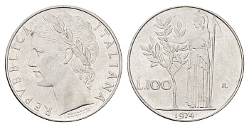 Италия 100 лир 1974 R, Афина в доспехах KM 96.1 нержавеющая сталь 4704-723
