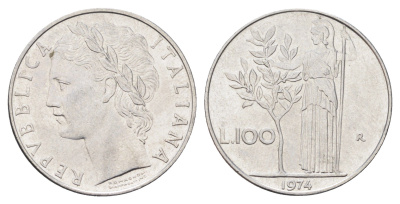 Италия 100 лир 1974 R, Афина в доспехах KM 96.1 нержавеющая сталь 4704-723