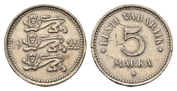 Эстония 5 марок 1922 год-тип KM 3 медно-никель 4364-1153