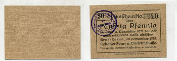 Германия, Рекен 50 пфеннигов 1918 нотгельд, до 31 декабря 1921 Tieste 2580/15  бумага  UNC (пресс) 8614-40-2-1