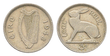 Ирландия 3 пенса 1948 заяц KM 12a медно-никель 4696-436
