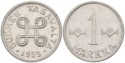 Финляндия 1 марка 1955 KM 36а железо плакированное никелем 4588-743