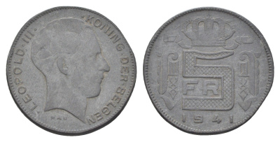Бельгия 5 франков 1941 Belgen, Леопольд III (1934-1951) KM 130 цинк 4704-1045