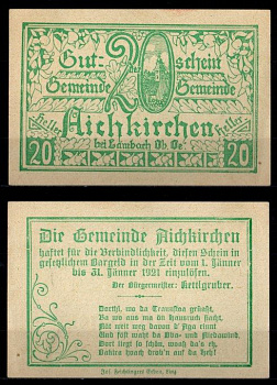 Австрия, Айхкирхен 20 геллеров 1921 Jaksc/Pick 0011-20 бумага UNC (пресс) 2193-9-1-1