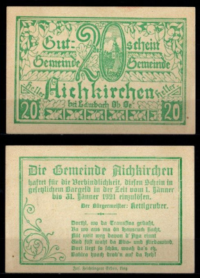 Австрия, Айхкирхен 20 геллеров 1921 Jaksc/Pick 0011-20 бумага UNC (пресс) 2193-9-1-1