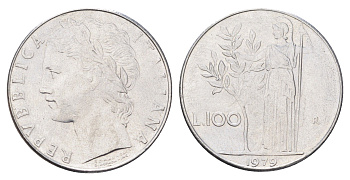 Италия 100 лир 1979 R, Афина в доспехах KM 96.1 нержавеющая сталь 4704-755