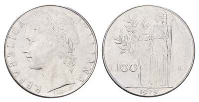 Италия 100 лир 1979 R, Афина в доспехах KM 96.1 нержавеющая сталь 4704-755