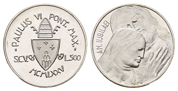 Ватикан 500 лир 1975 MCMLXXV, Священный год, Павел Vi, год-тип KM 131 серебро UNC 1531-313