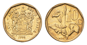 ЮАР 10 центов 1994 герб, цветок алоэ KM 135 сталь плакированная бронзой UNC 4694-667