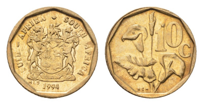 ЮАР 10 центов 1994 герб, цветок алоэ KM 135 сталь плакированная бронзой UNC 4694-667
