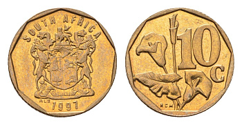 ЮАР 10 центов 1997 герб, цветок алоэ KM 161 сталь плакированная бронзой UNC 4694-736