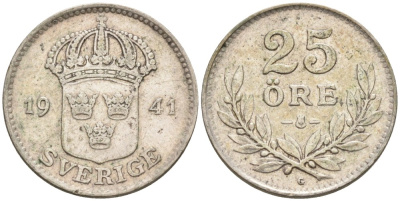 Швеция 25 эре 1941 G, Густав V (1907-1950) KM 785 серебро 220-325