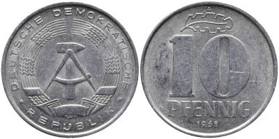 ГДР 10 пфеннигов 1968 А KM 10 алюминий 33-323