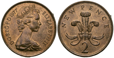 Великобритания 2 пенса 1977 Елизавета II (1952-2022) KM 916, Spink 4235 (C1) бронза 4381-322