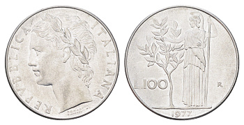 Италия 100 лир 1977 R, Афина в доспехах KM 96.1 нержавеющая сталь 4704-736