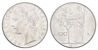 Италия 100 лир 1977 R, Афина в доспехах KM 96.1 нержавеющая сталь 4704-736