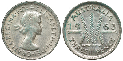 Австралия 3 пенса 1963 m, Елизавета II (1952-2022) KM 57 серебро 71-858