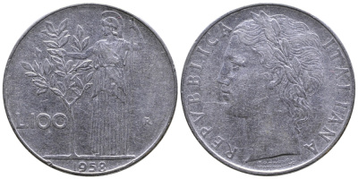 ИТАЛИЯ 100 ЛИР 1958 R, АФИНА KM 96.1 сталь 3334-934