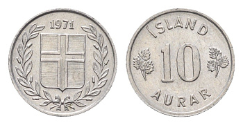 Исландия 10 эйре 1971 KM 10a алюминий UNC 4696-318