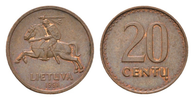 Литва 20 центов (сентов) 1991 KM 89 бронза 4694-1236