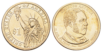 США 1 доллар 2012 P, Президент США - Честер Алан Артур (1881–1885) KM 524 медь с марганцево-латунным покрытием UNC 4695-921
