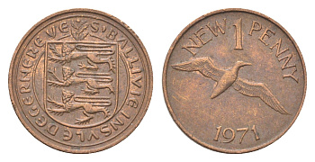 Гернси 1 новый пенни 1971 Елизавета II (1952-2022), северная олуша в полете KM 21 бронза 4702-715