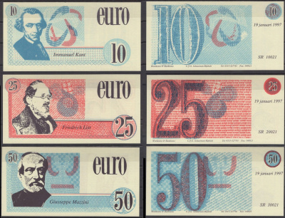Европа набор из 3 банкнот (10, 25 и 50 евро) 1997 европробники бумага UNC (пресс) 7196-3-2